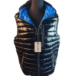Noize Gavyn Mens Hooded Puffer Vest High Shine Black Blue Lining Size M New